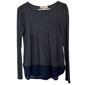 LOFT Striped Top | Size M | Gray and Navy Stripes with Chiffon Sheer Bottom Trim